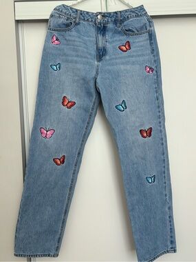 Forever 21 Light Wash Straight Leg Jeans with Multicolor Butterfly Embroidery
